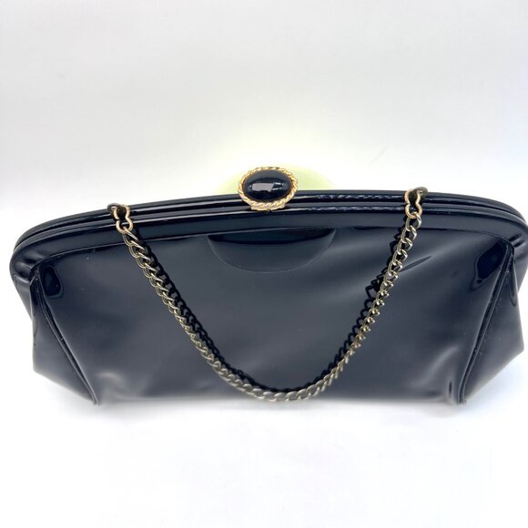 Vintage Black Patent Vinyl Clutch Bag Chain Strap Retro Purse - Picture 4 of 9
